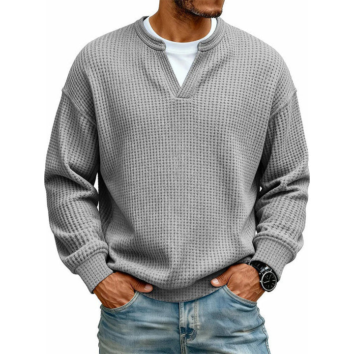 Pull homme en maille gaufrée effet superposé à col fendu – Victor - Gris