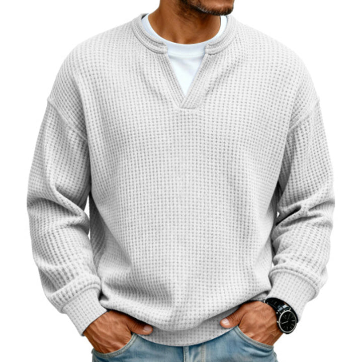 Pull homme en maille gaufrée effet superposé à col fendu – Victor - Blanc