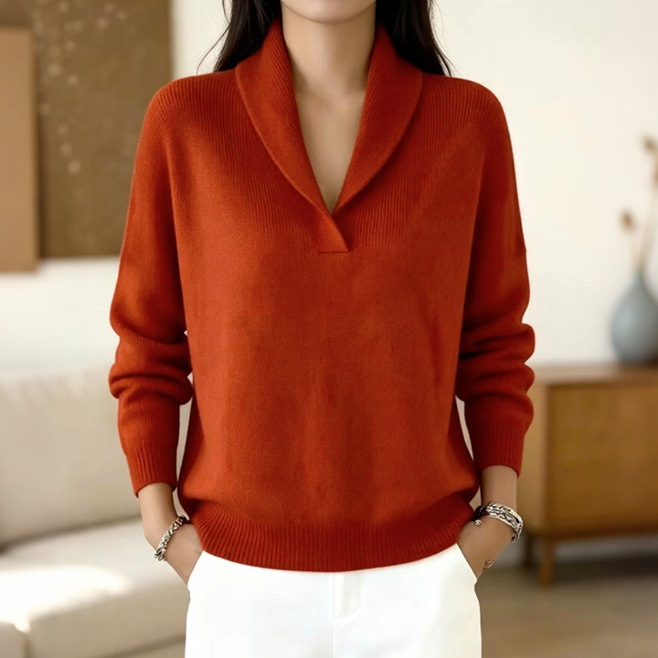 Pull femme en maille côtelée à col châle croisé – Héloïse - Rouge