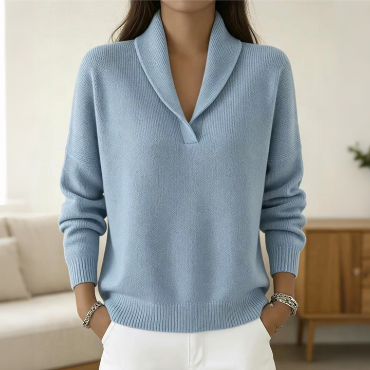 Pull femme en maille côtelée à col châle croisé – Héloïse - Bleu paon