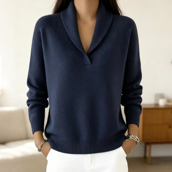 Pull femme en maille côtelée à col châle croisé – Héloïse - Bleu marine