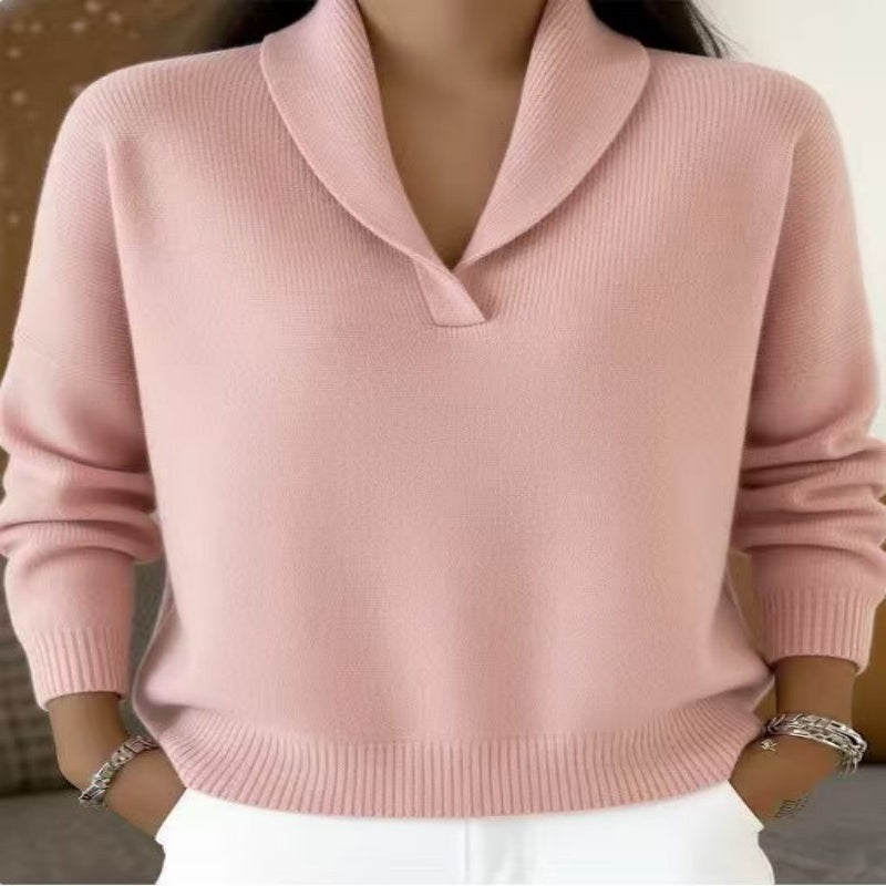 Pull femme en maille côtelée à col châle croisé – Héloïse - Rose