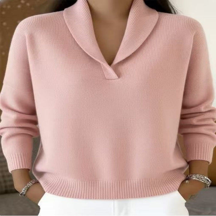 Pull femme en maille côtelée à col châle croisé – Héloïse - Rose