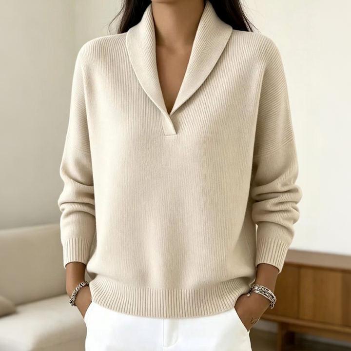 Pull femme en maille côtelée à col châle croisé – Héloïse - Abricot