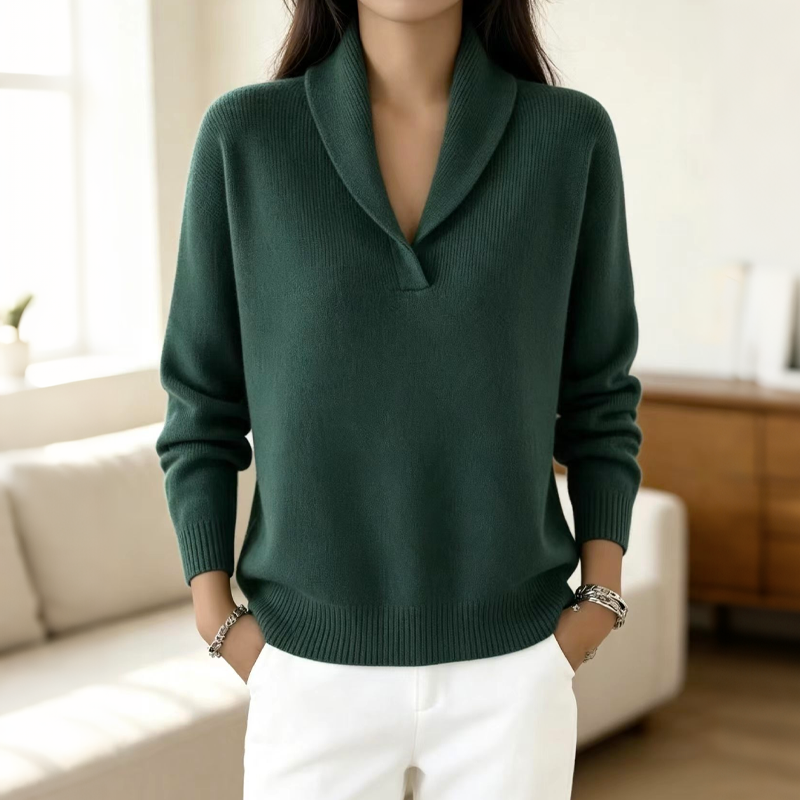 Pull femme en maille côtelée à col châle croisé – Héloïse - Vert militaire