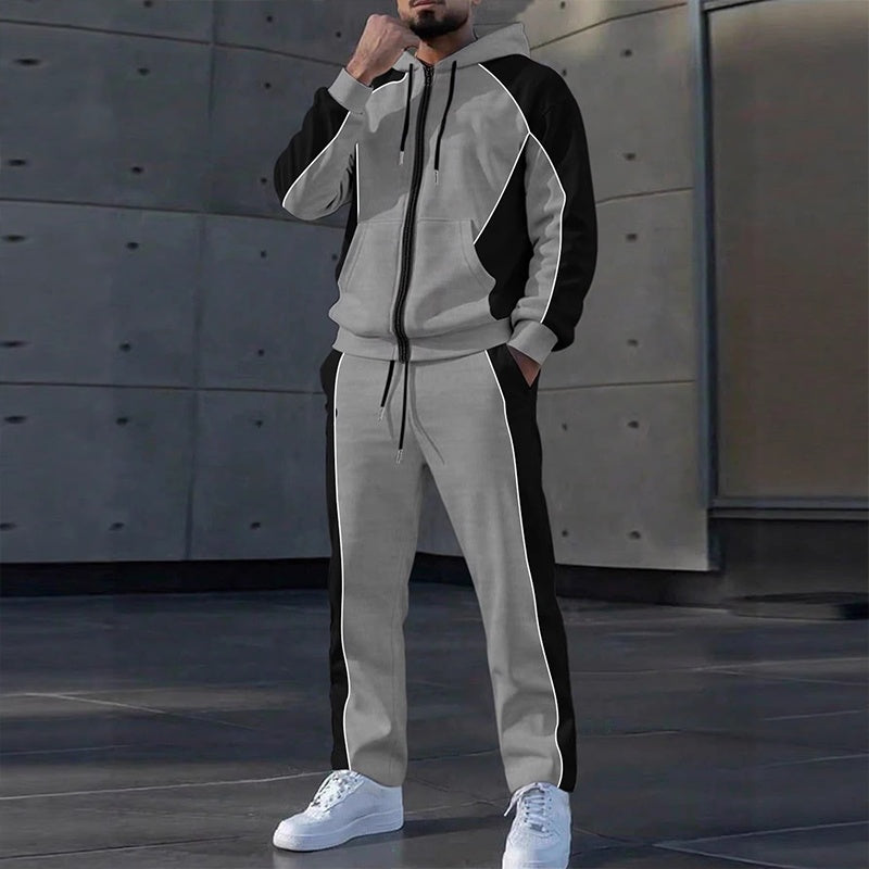 Ensemble homme sweat zippé à capuche et pantalon de jogging bicolore – Mathis - Gris et noir