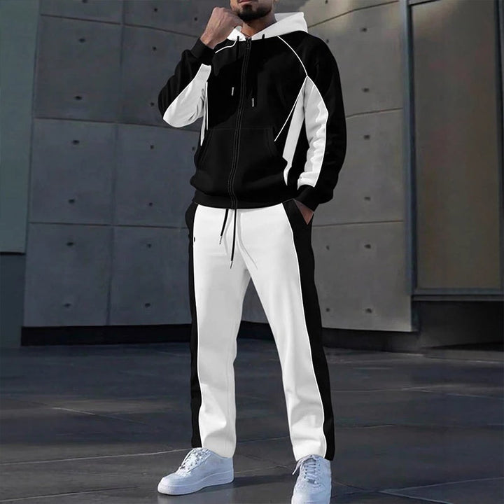 Ensemble homme sweat zippé à capuche et pantalon de jogging bicolore – Mathis - Blanc et noir