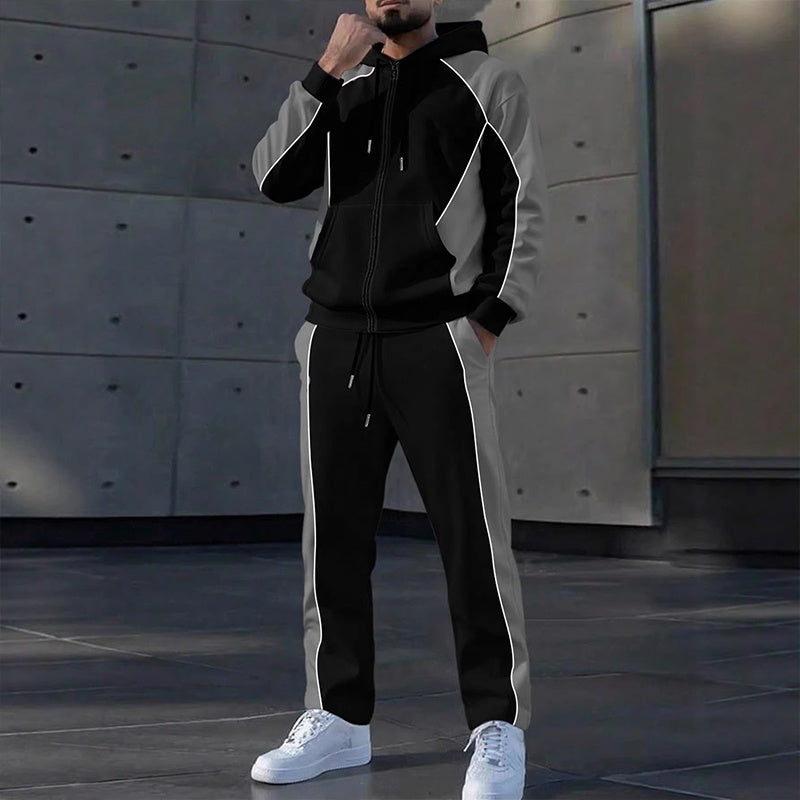 Ensemble homme sweat zippé à capuche et pantalon de jogging bicolore – Mathis - Noir et gris