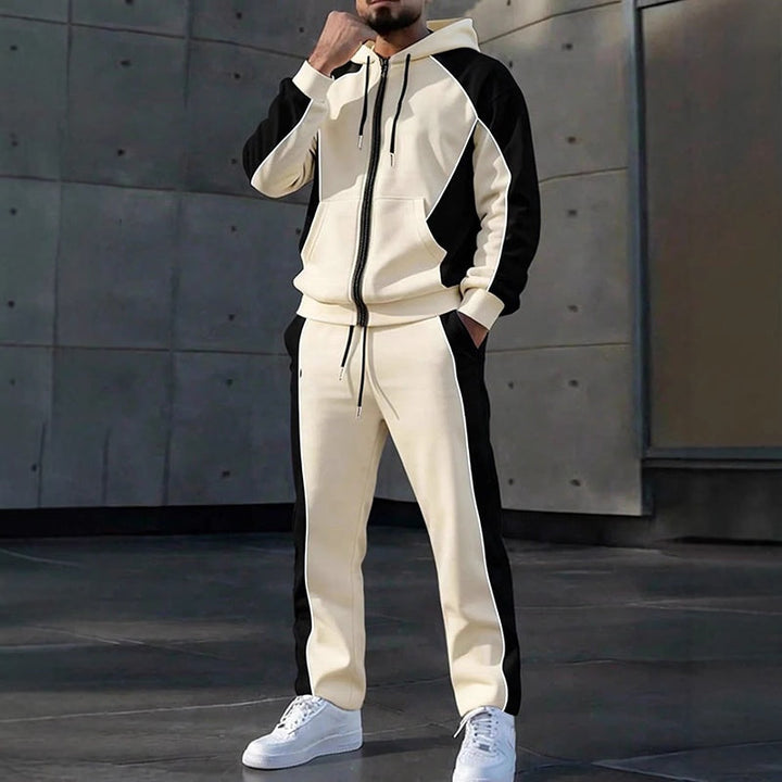 Ensemble homme sweat zippé à capuche et pantalon de jogging bicolore – Mathis - Abricot et gris