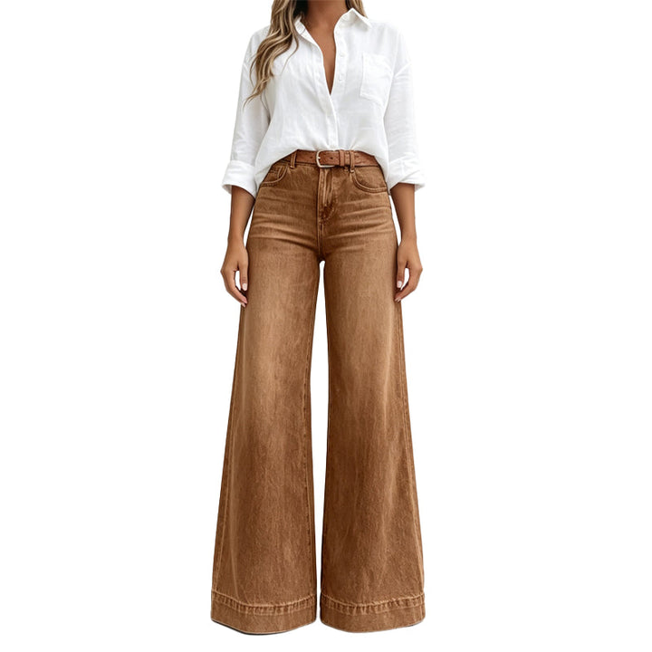 Jean large femme taille haute délavé vintage effet jambes longues – Manon - Marron foncé