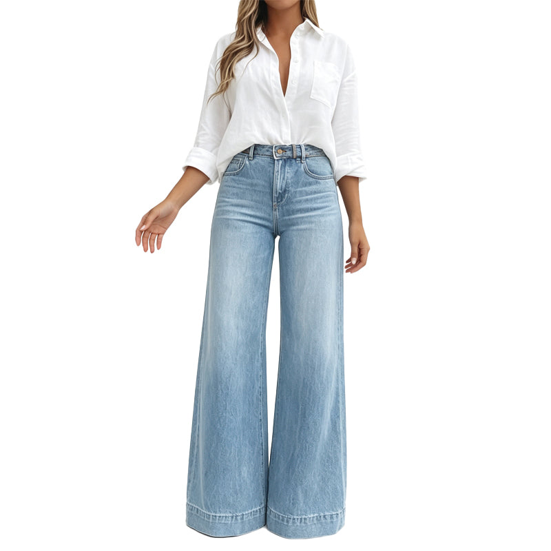 Jean large femme taille haute délavé vintage effet jambes longues – Manon - Bleu clair