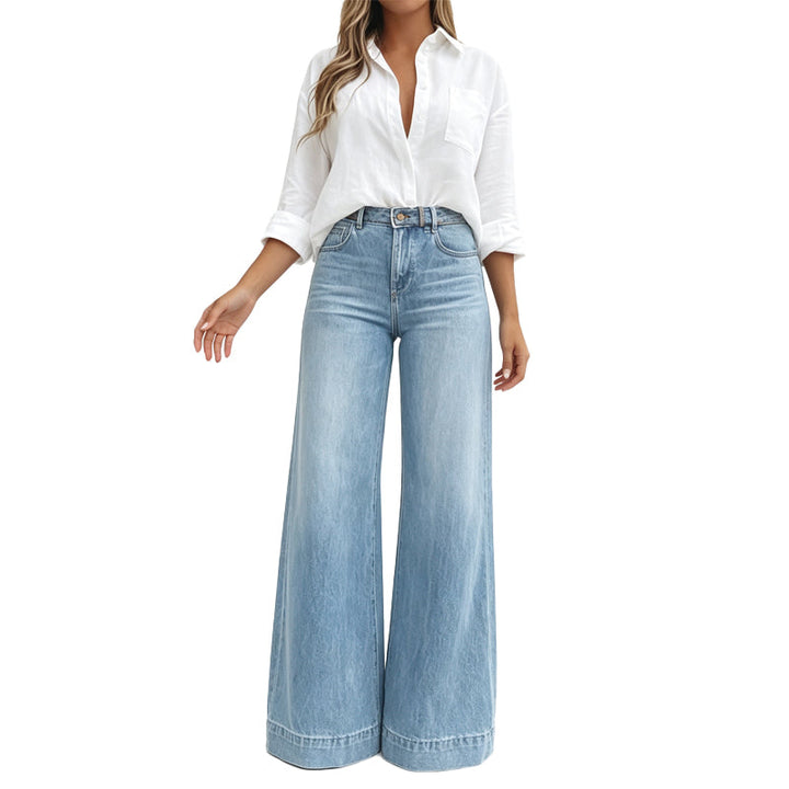 Jean large femme taille haute délavé vintage effet jambes longues – Manon - Bleu clair