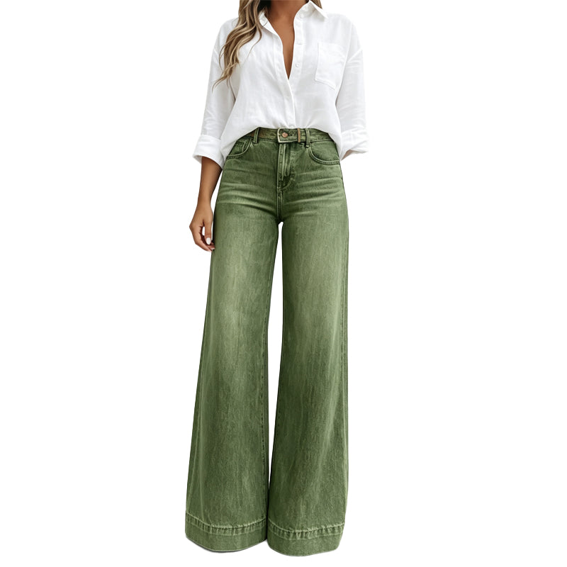 Jean large femme taille haute délavé vintage effet jambes longues – Manon - Vert militaire