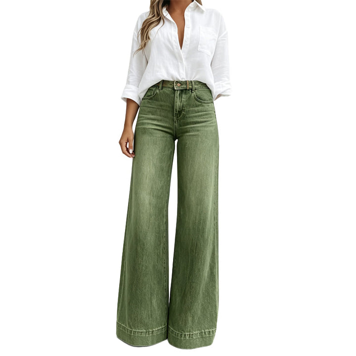 Jean large femme taille haute délavé vintage effet jambes longues – Manon - Vert militaire