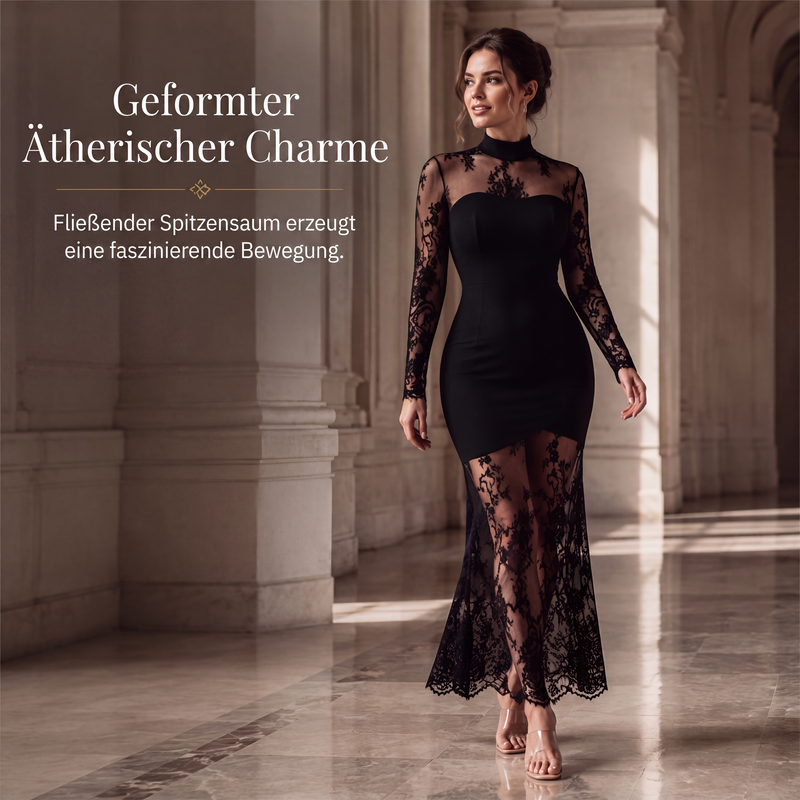 Robe longue femme en dentelle à col montant et manches longues – Diane - vue 3