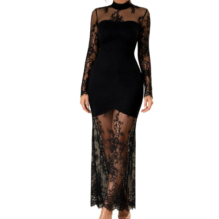 Robe longue femme en dentelle à col montant et manches longues – Diane - Noir