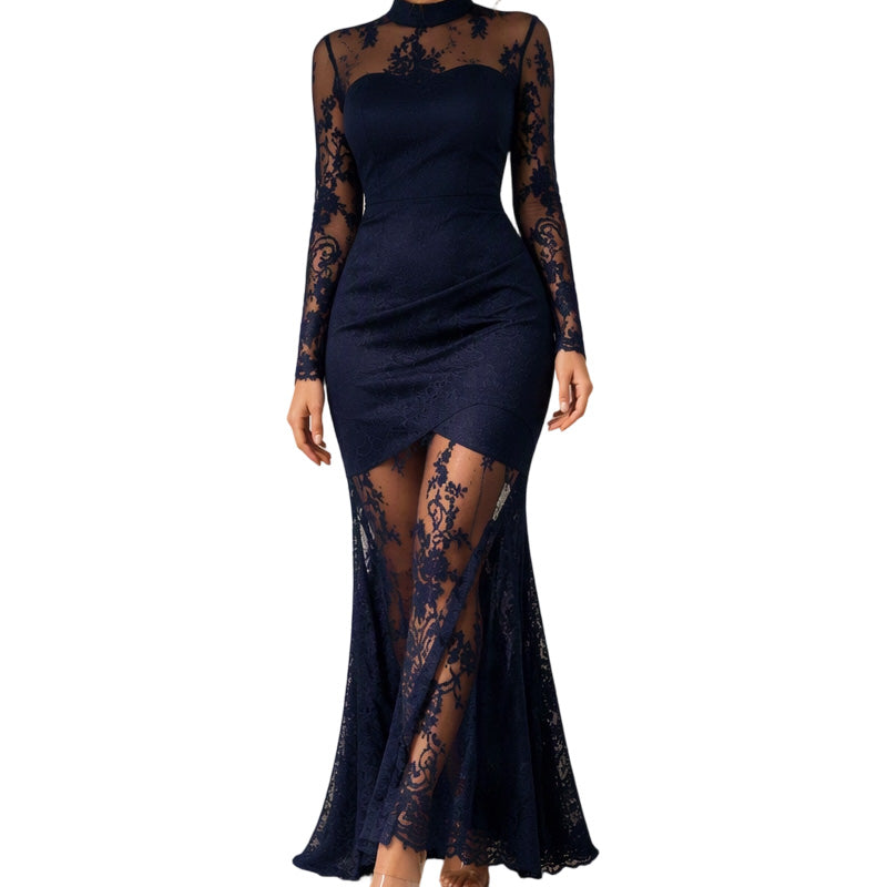 Robe longue femme en dentelle à col montant et manches longues – Diane - Bleu roi