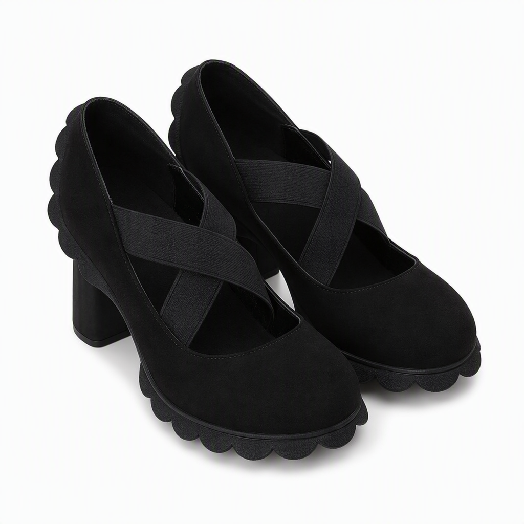 Babies femme à talon carré et brides croisées élastiques – Océane - Noir lisse