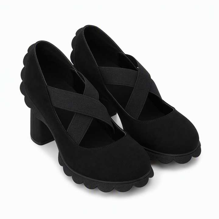 Babies femme à talon carré et brides croisées élastiques – Océane - Noir lisse