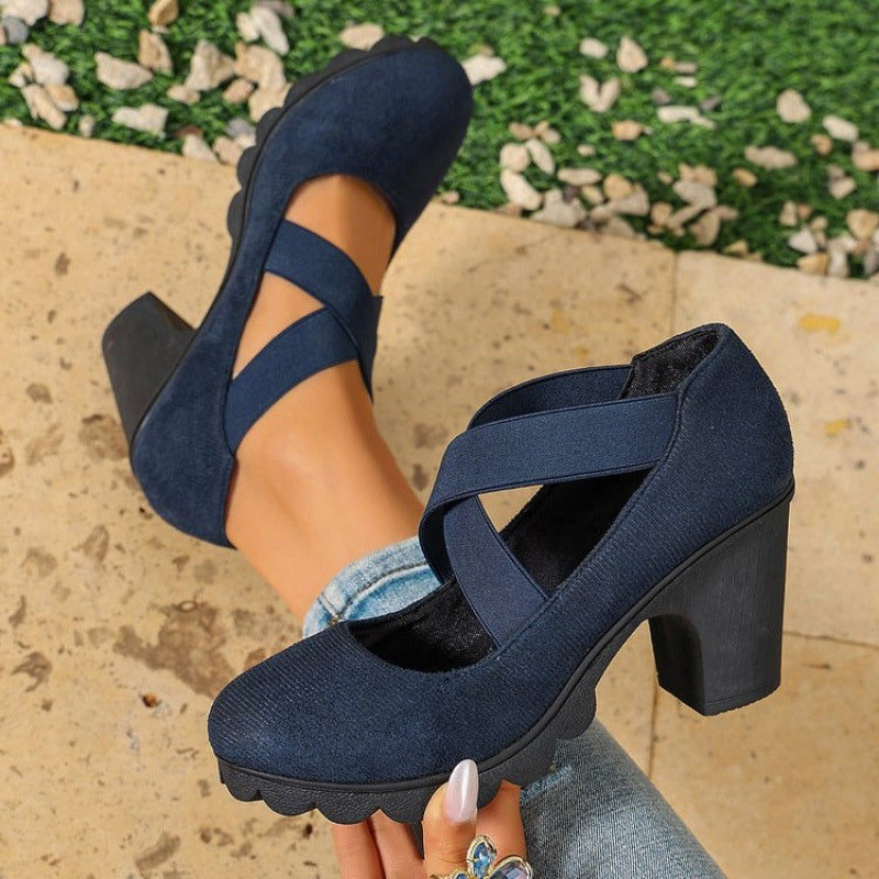 Babies femme à talon carré et brides croisées élastiques – Océane - Bleu effet daim