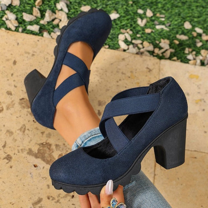 Babies femme à talon carré et brides croisées élastiques – Océane - Bleu effet daim