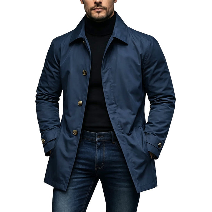 Veste longue homme coupe-vent à col chemise et boutonnage simple – Clément - Bleu marine