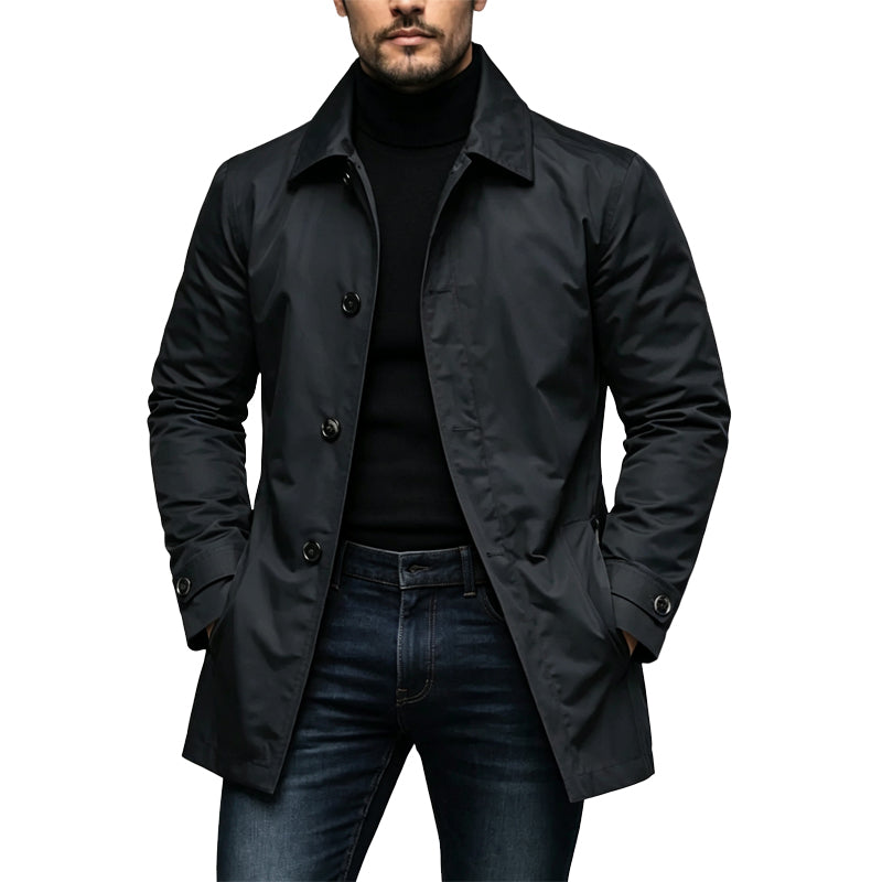 Veste longue homme coupe-vent à col chemise et boutonnage simple – Clément - Noir
