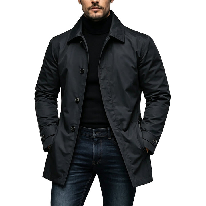 Veste longue homme coupe-vent à col chemise et boutonnage simple – Clément - Noir
