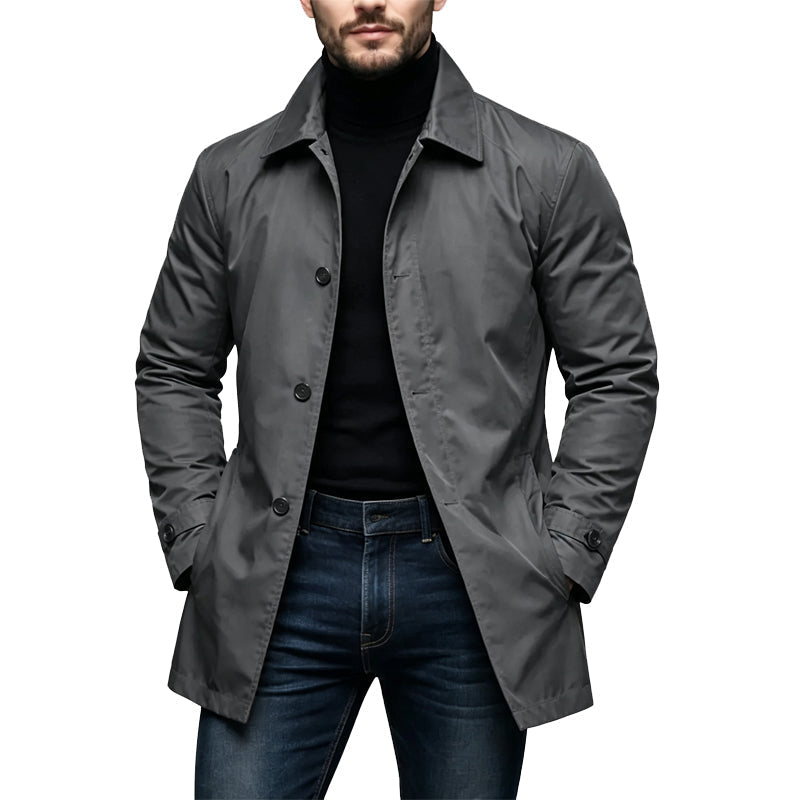 Veste longue homme coupe-vent à col chemise et boutonnage simple – Clément - Gris