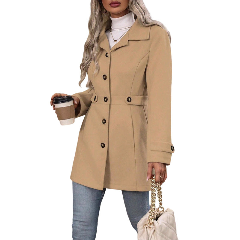 Manteau femme cintré à col revers et boutonnage simple – Charlotte - Kaki