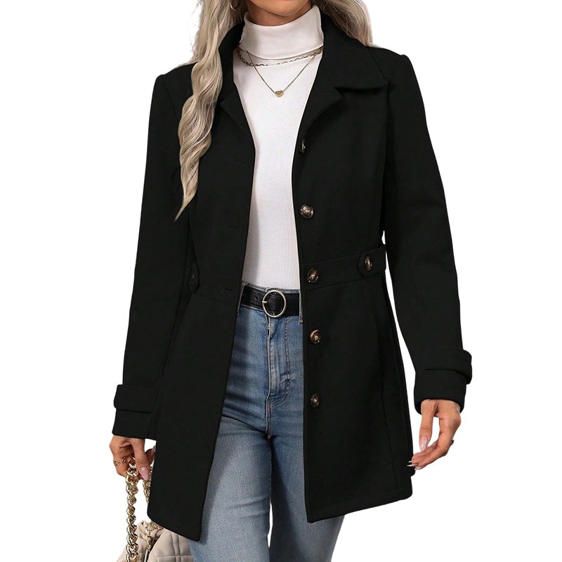 Manteau femme cintré à col revers et boutonnage simple – Charlotte - Noir