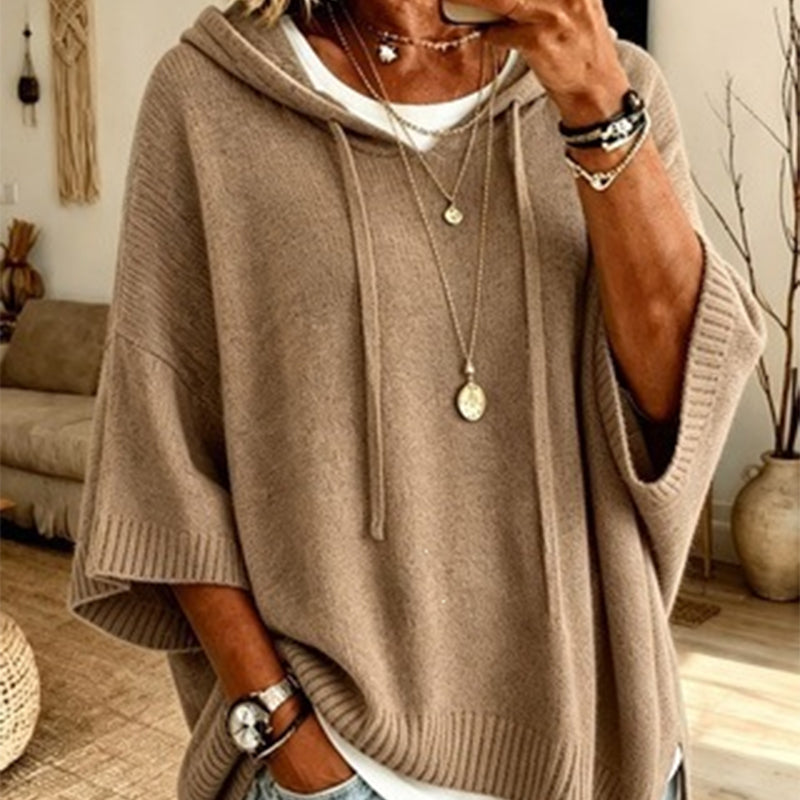 Pull à capuche femme en maille ample effet vintage – Louise - Kaki