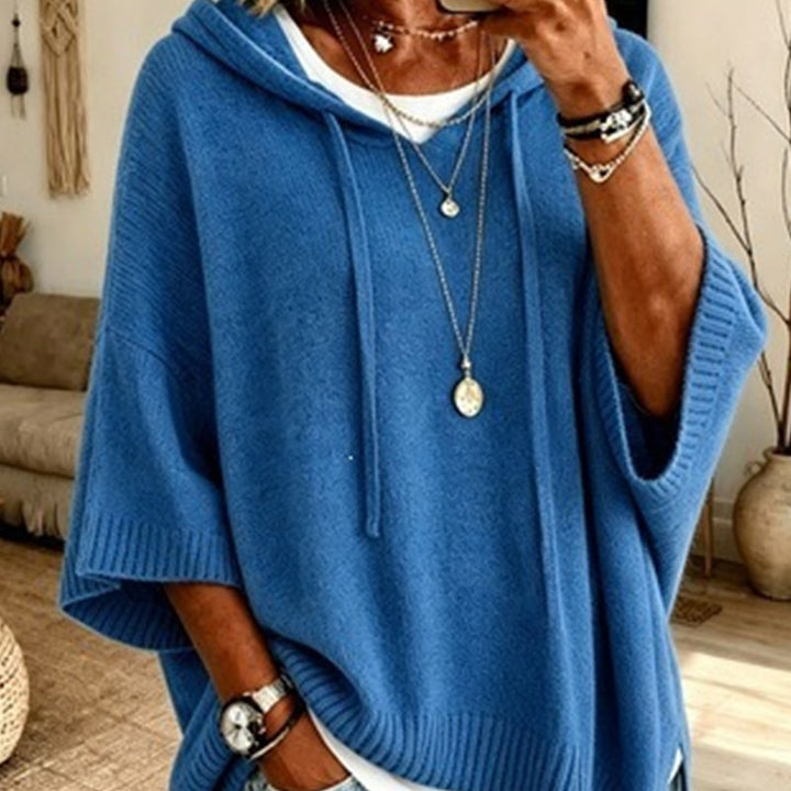Pull à capuche femme en maille ample effet vintage – Louise - Bleu