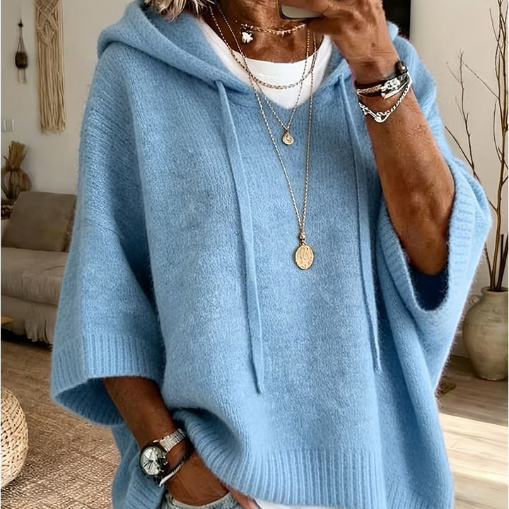 Pull à capuche femme en maille ample effet vintage – Louise - Bleu ciel