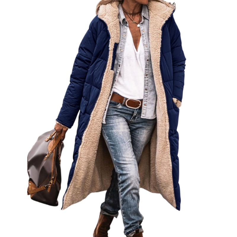 Manteau long femme matelassé réversible à capuche doublé sherpa – Adèle - Bleu