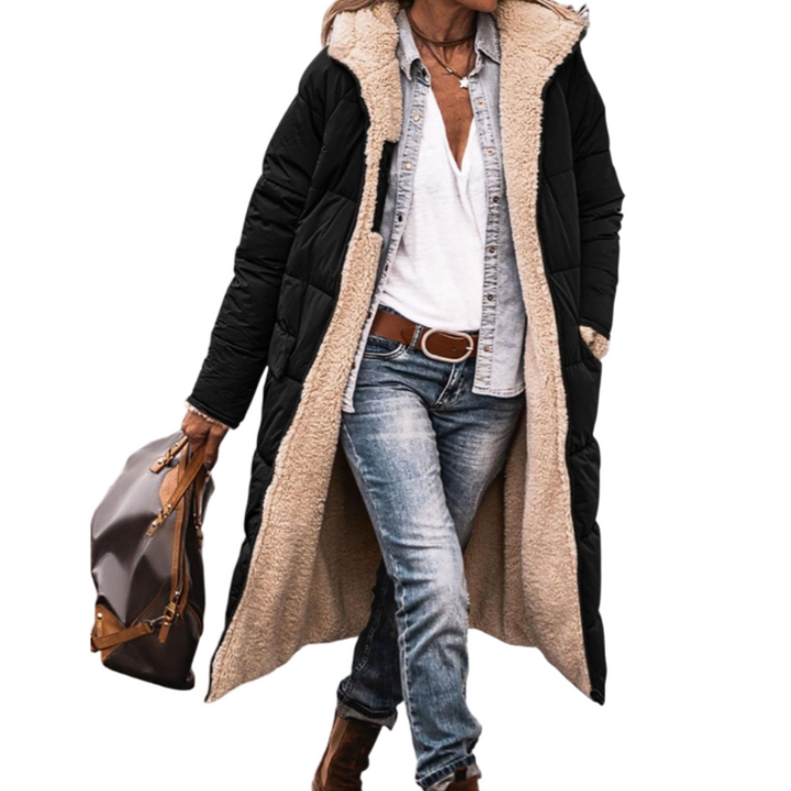 Manteau long femme matelassé réversible à capuche doublé sherpa – Adèle - Noir