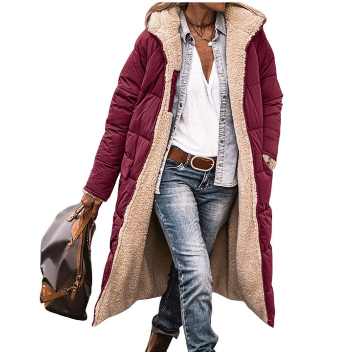 Manteau long femme matelassé réversible à capuche doublé sherpa – Adèle - Bordeaux