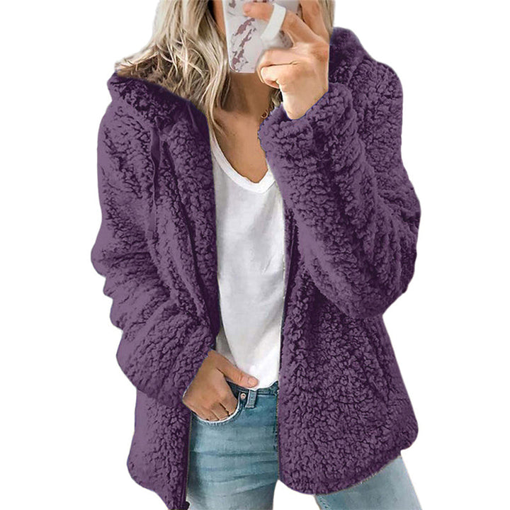 Veste femme zippée à capuche en maille bouclette douillette – Ninon - Violet