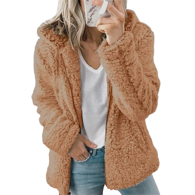 Veste femme zippée à capuche en maille bouclette douillette – Ninon - Café