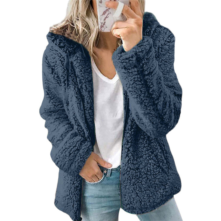 Veste femme zippée à capuche en maille bouclette douillette – Ninon - Bleu