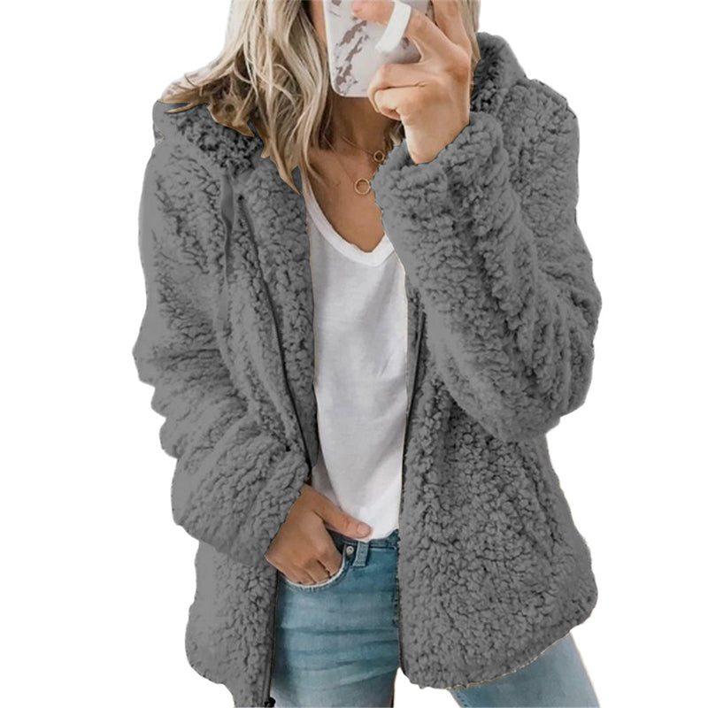 Veste femme zippée à capuche en maille bouclette douillette – Ninon - Gris foncé