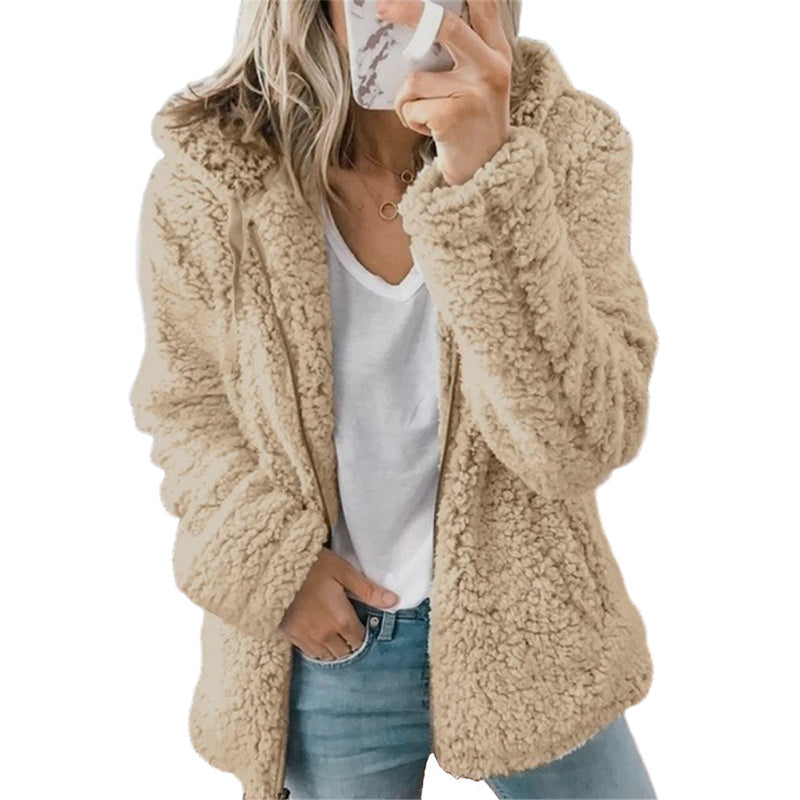 Veste femme zippée à capuche en maille bouclette douillette – Ninon - Kaki