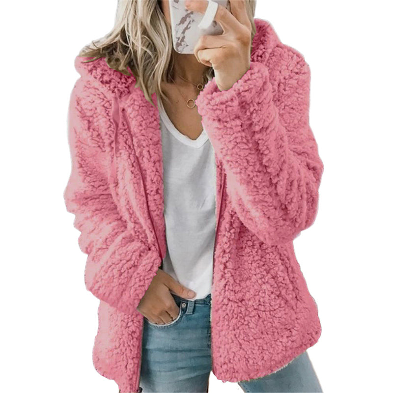 Veste femme zippée à capuche en maille bouclette douillette – Ninon - Rose clair