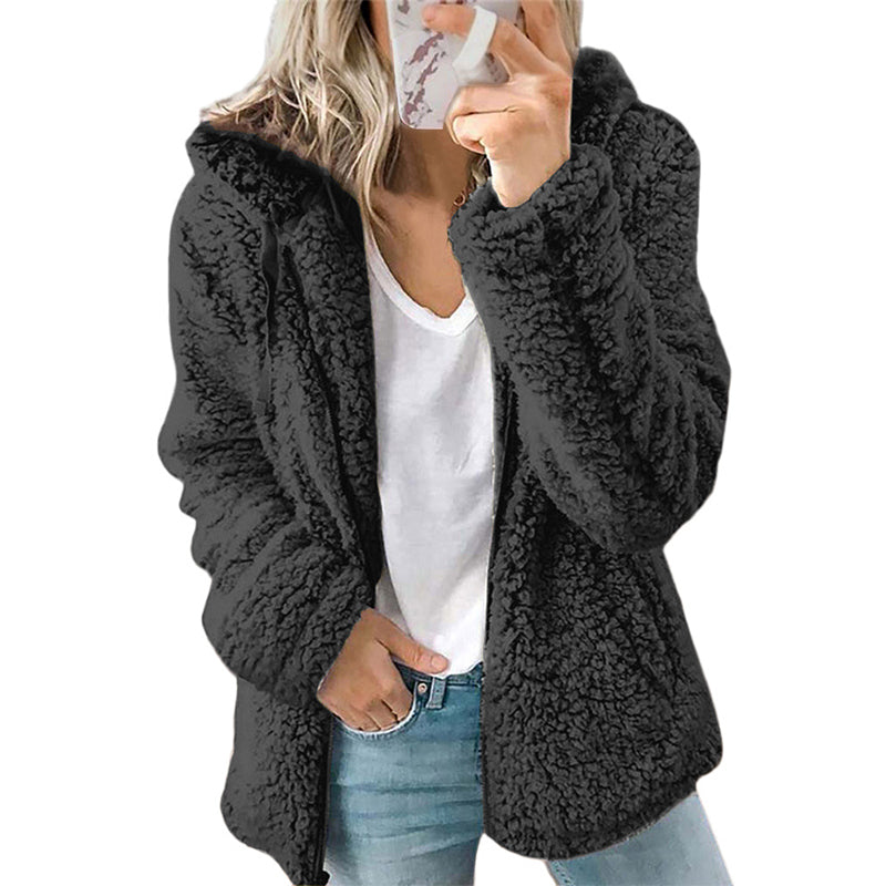Veste femme zippée à capuche en maille bouclette douillette – Ninon - Noir