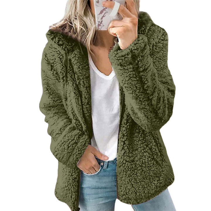 Veste femme zippée à capuche en maille bouclette douillette – Ninon - Vert militaire