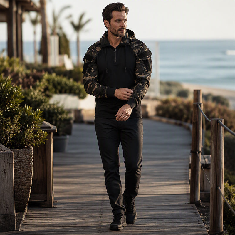 Veste tactique homme à capuche demi-zip avec manches camouflage – Arthur - vue 2