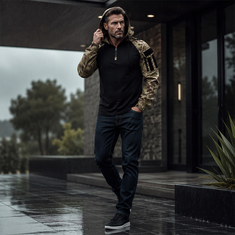 Veste tactique homme à capuche demi-zip avec manches camouflage – Arthur - vue 3