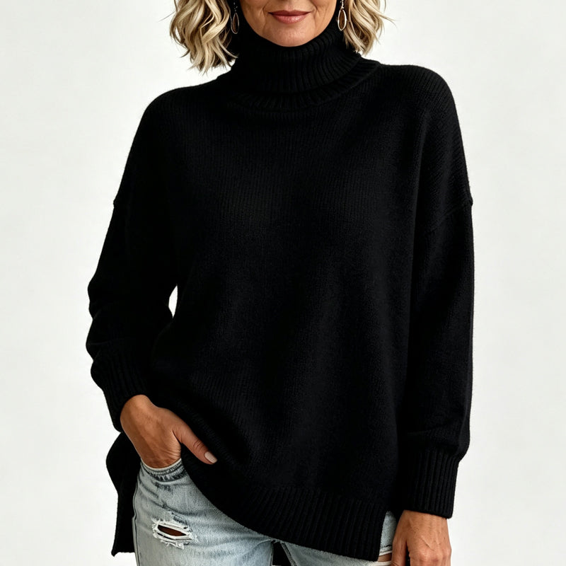 Pull col roulé femme oversize en maille côtelée avec fentes – Noémie - Noir