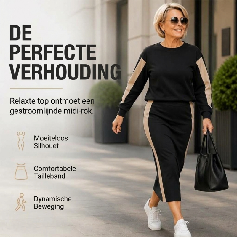 Ensemble femme sweat et jupe midi à bandes contrastées – Apolline - vue 3