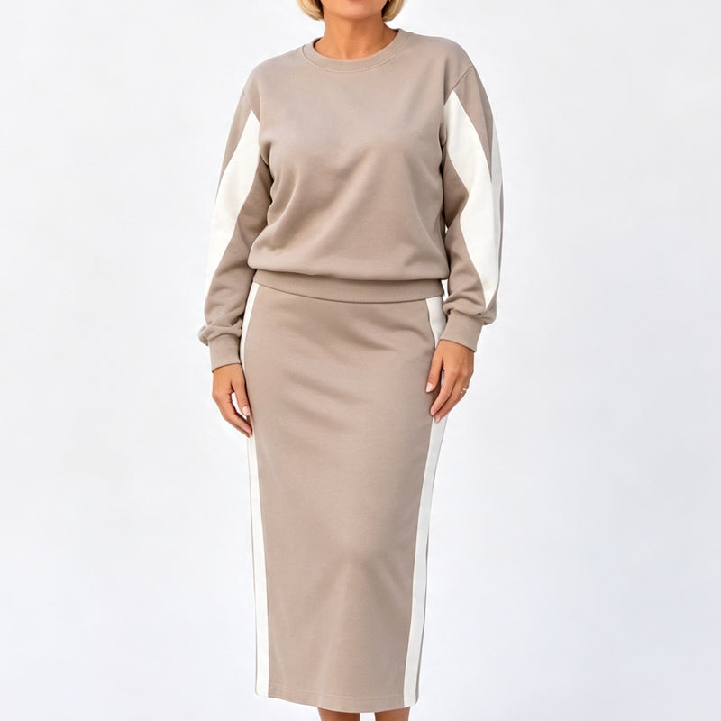 Ensemble femme sweat et jupe midi à bandes contrastées – Apolline - Kaki
